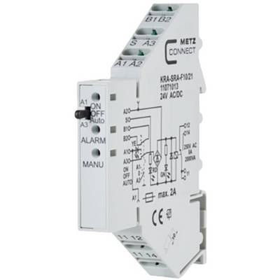 Elektronické relé od společnosti Metz Connect s přepínačem pro zapnutí/vypnutí a automatický režim, včetně alarm a manuální funkce. Vhodné pro 24V AC/DC.