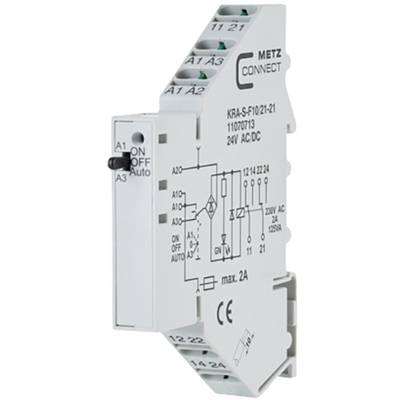 Modul s elektrickým schématem, zobrazující elektrické spoje a specifikace: 24V AC/DC, max. 2A, značka 'METZ CONNECT'.