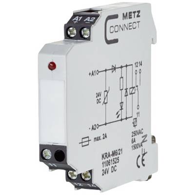 'METZ CONNECT' relé modul v bílé barvě. Potisky zobrazují elektrické specifikace. Vstupy A1, A2; výstupy 12, 14. Vhodné pro 24V DC.