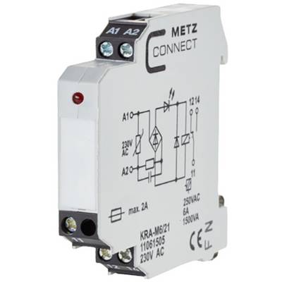 Bílý elektromodul od společnosti METZ CONNECT, zobrazující spínací symbol pro 230V AC, max. 2A. Používaný v elektrických obvodech.
