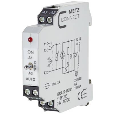 Elektronické relé od společnosti METZ CONNECT. Popisky: ZAP, VYP, AUTO a různé technické detaily jako max. 2A, 250VAC, 6A.