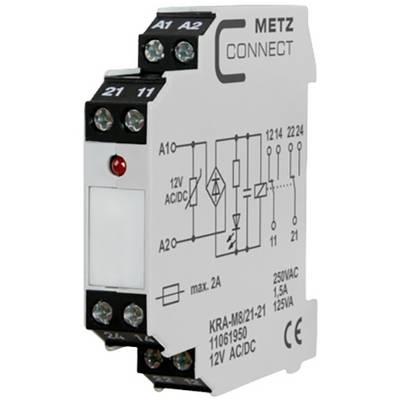 Elektronické relé od společnosti METZ CONNECT, model KRA-M8/21-21, 12V AC/DC, vhodné pro max. 2A, zobrazuje různé připojovací svorky.