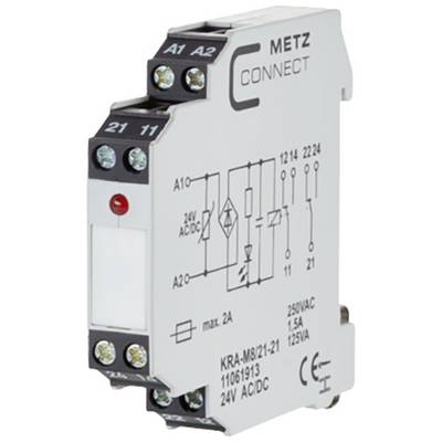 Elektrické relé od společnosti METZ CONNECT s přípoji a technickými specifikacemi na přední straně, vhodné pro 24V AC/DC.