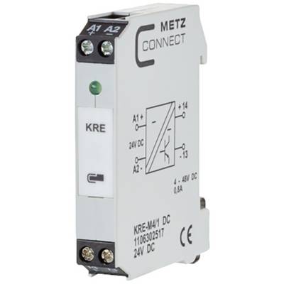 Elektrické relé od Metz Connect, model KRE-M4/1 DC, s konektory a schématem zapojení. Napětí: 24V DC.