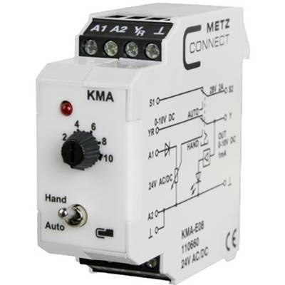 Bílý elektronický modul od METZ CONNECT s otočným regulátorem, přepínačem pro ruční/automatický provoz a připojovacími svorkami.
