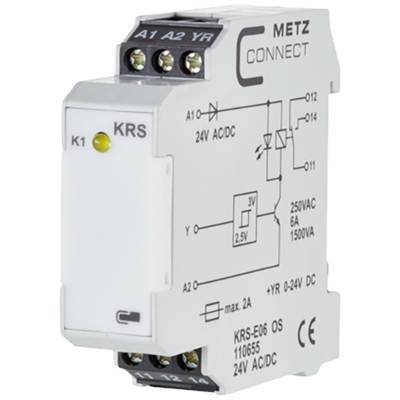 'Reléový modul METZ CONNECT, KRS', zobrazuje svorky s technickými specifikacemi: 110655, 24V AC/DC, max. 2A, 250VAC, 6A, 1500VA.