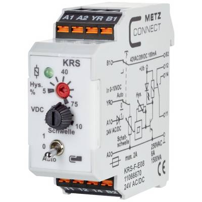 Elektronické relé od Metzu s regulátorem a přípojkami pro lištu DIN. Značení: A1, A2, YR, B1. Napětí: 24V AC/DC.
