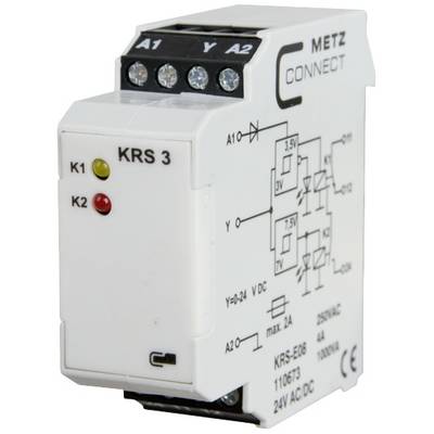 Bílé elektrické relé od společnosti Metz Connect. Potisk zobrazuje svorky a technický výkres se specifikacemi jako '24V AC DC'.