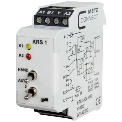 Kopplovací relé od společnosti METZ CONNECT s modelovým číslem KRS 1, zobrazuje schémata zapojení a je vybaveno LED diodami a spínači pro ovládání.
