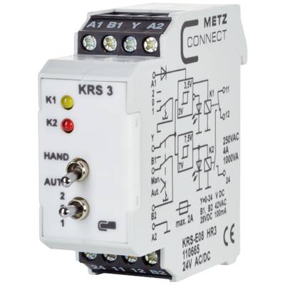 Relé modul s několika vstupy, indikačními LED diodami pro signalizaci stavu a přepínačem pro ruční a automatický provoz.