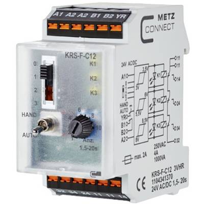 Průmyslové relé od společnosti METZ CONNECT s modelovým číslem 'KRS-F-C12', vybavené několika připojovacími svorkami a spínačem pro manuální ovládání.