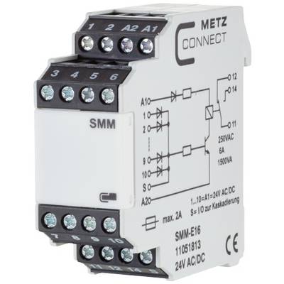 Relé modul od společnosti METZ CONNECT s několika vstupními a výstupními svorkami, vhodný pro aplikace s napětím 24V AC/DC, podporující kaskádování.