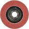 Na obrázku je červený brusný kotouč s koncentricky uspořádanými lamelami, který slouží k opracování povrchu materiálů.