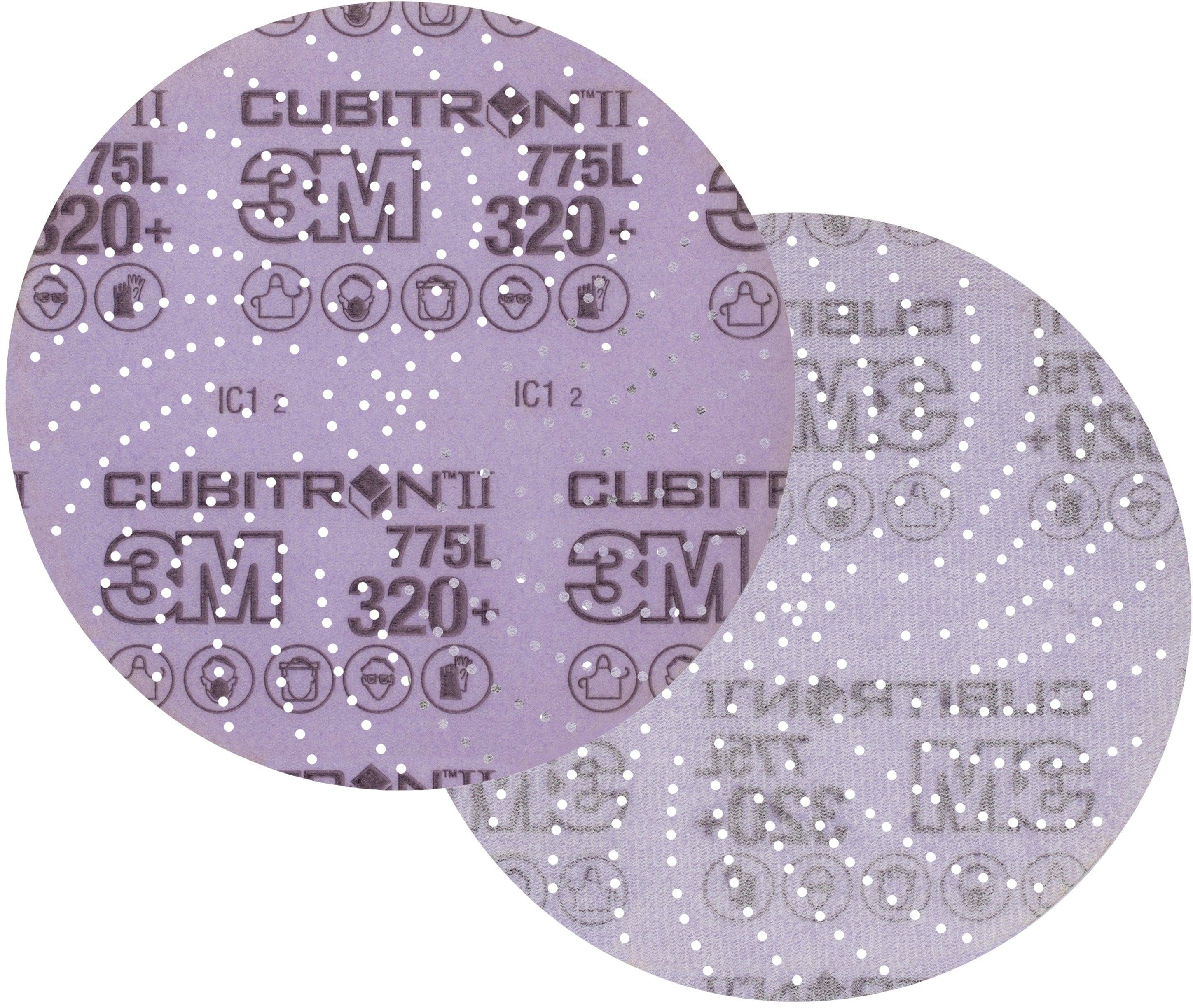 Dvě brusné kotouče v lila a šedé barvě s nápisem „Cubitron II 3M 775L 320+" a různými piktogramy.