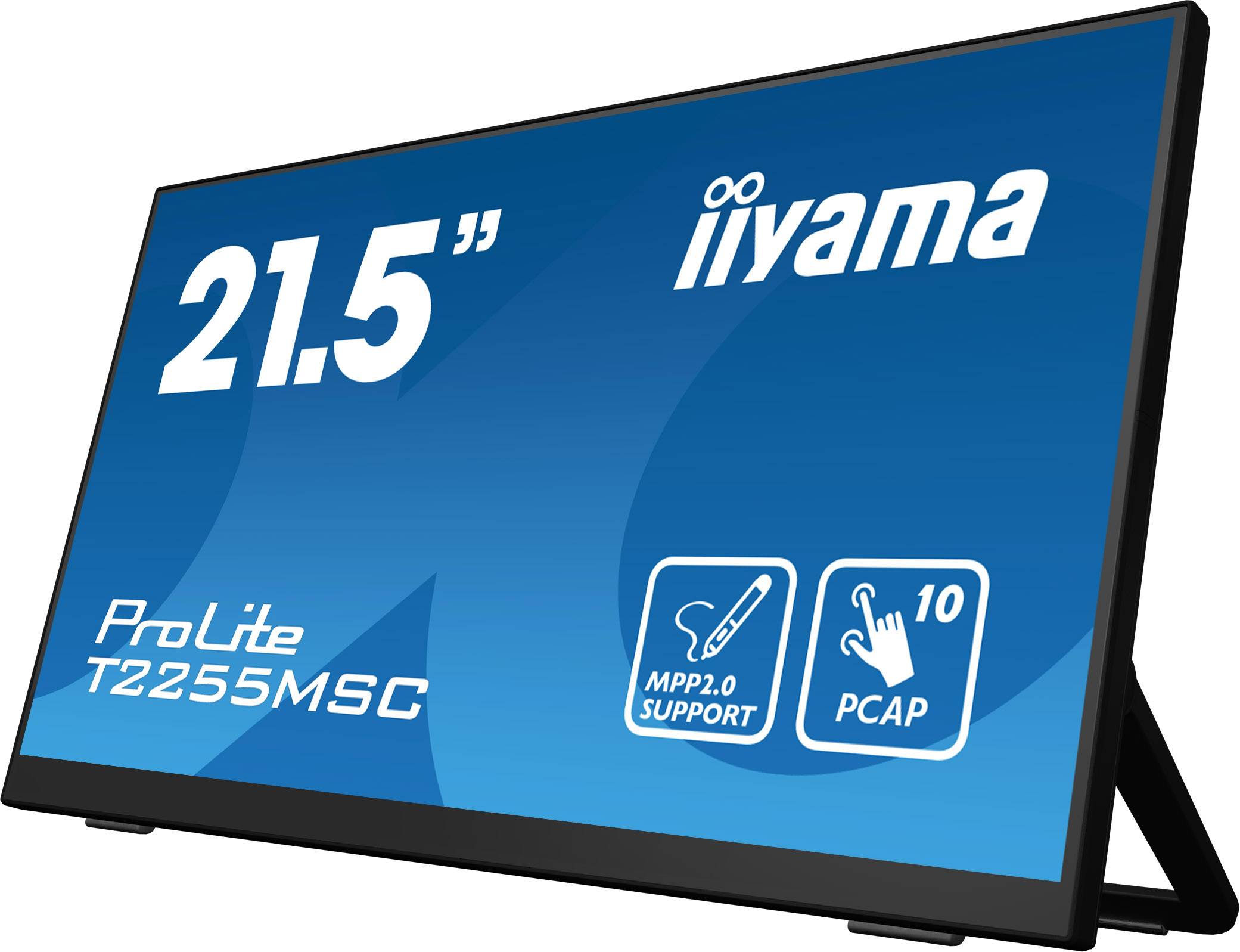 Monitor zobrazuje 21,5palcový displej značky iiyama, model ProLite T2255MSC, s podporou MPP2.0 a 10bodovým kapacitním dotykovým ovládáním.