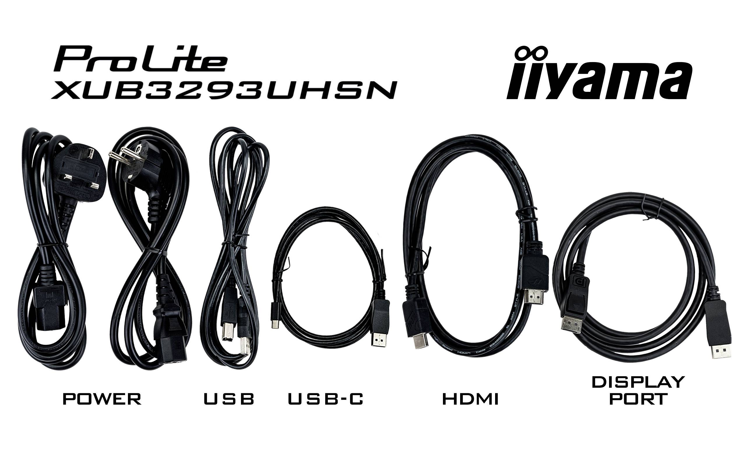 Napájecí a propojovací kabely pro 'iiyama ProLite XUB3293UHSN', včetně napájecího kabelu, USB, USB-C, HDMI, DisplayPort.