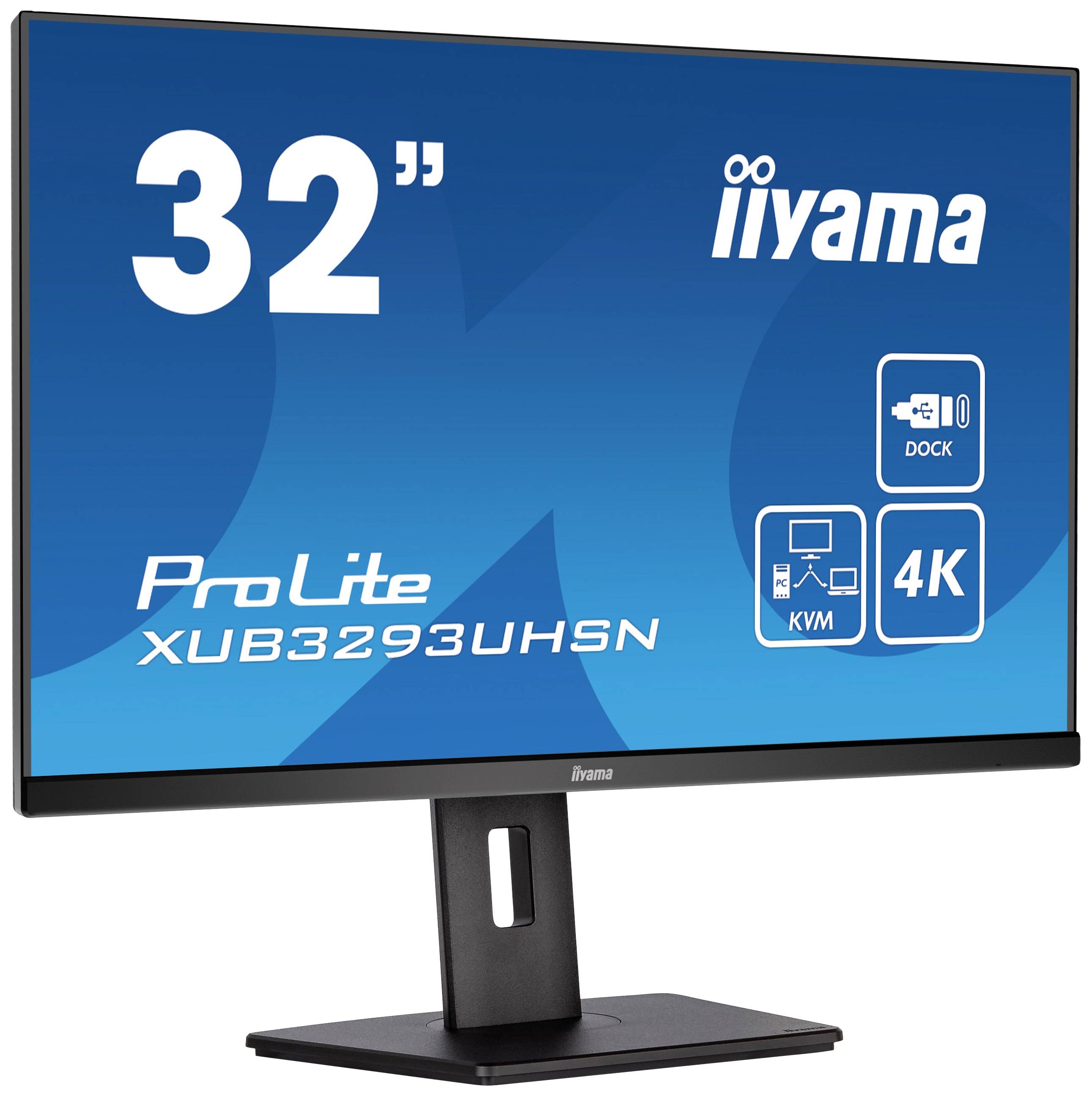 Monitor s nápisem '32" iiyama ProLite XUB3293UHSN', podporuje 4K, má KVM přepínač a dokovací funkce.