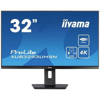 32palcový monitor iiyama, model ProLite XUB3293UHSN, zobrazuje symboly pro dok, KVM a rozlišení 4K.