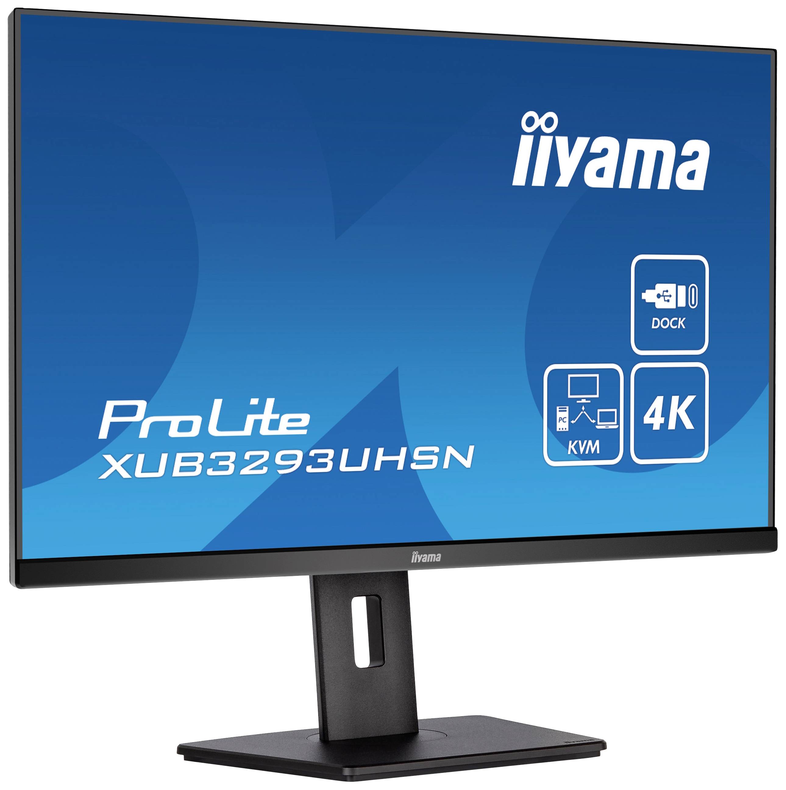 Černý monitor značky iiyama. Na obrazovce jsou vidět symboly 'DOCK', 'KVM' a '4K' spolu s číslem modelu 'ProLite XUB3293UHSN'.