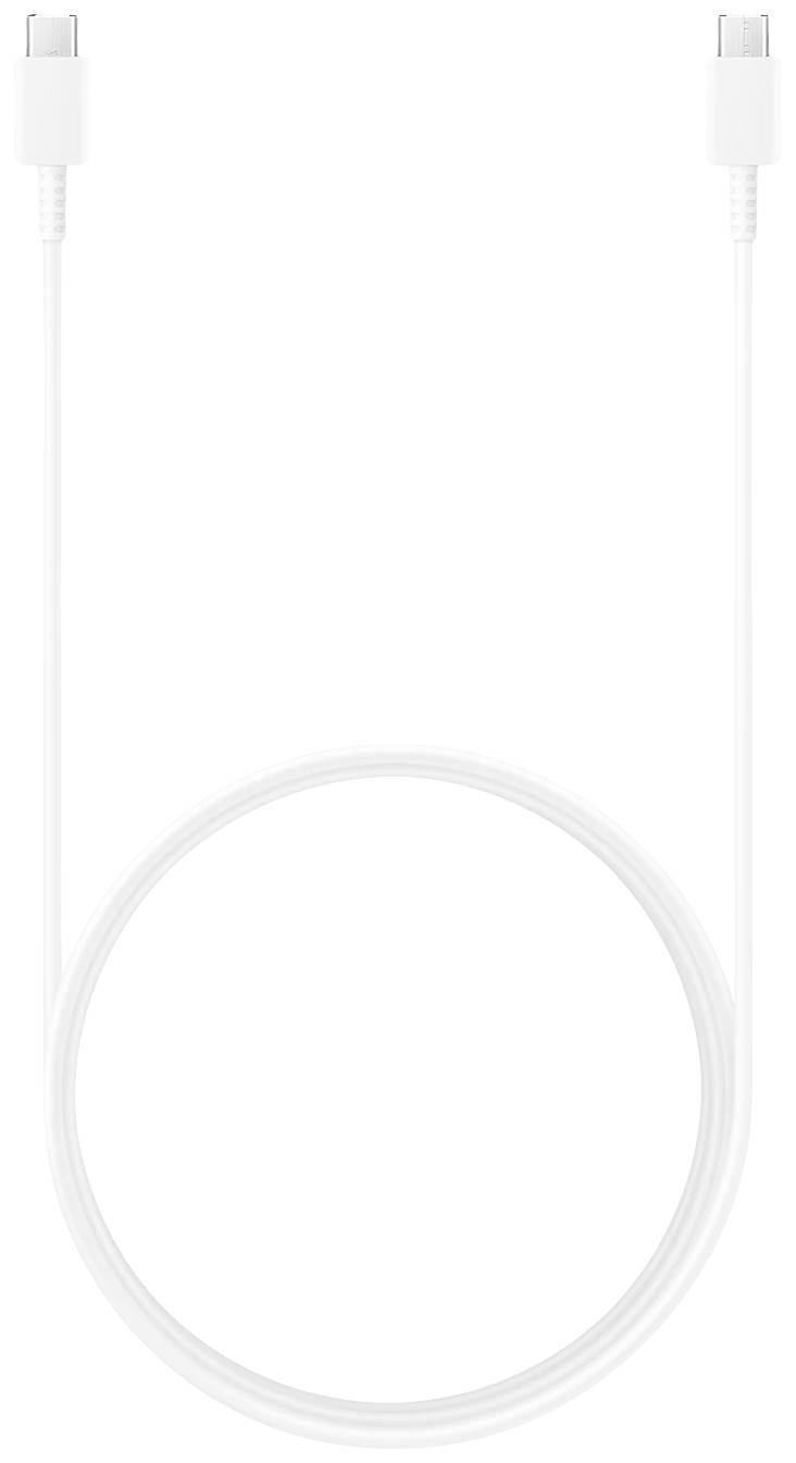 Bílý USB-C kabel s konektory USB-C, vhodný pro nabíjení nebo přenos dat mezi kompatibilními zařízeními.