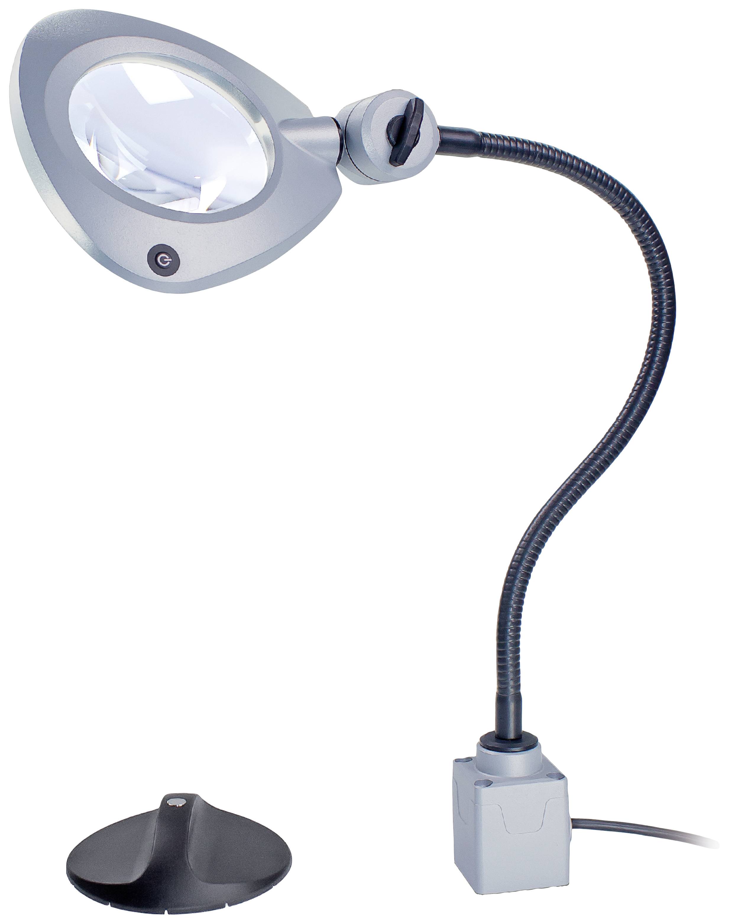 Flexibilní stolní lampa s integrovanou lupou a podstavcem, ideální pro přesné práce jako čtení nebo ruční výrobu.