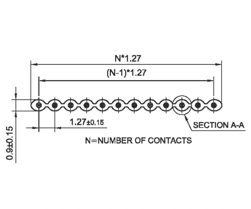 Diagram zobrazuje lineární uspořádání kontaktních bodů. Vzdálenost mezi body je 1,27 mm. Označení 'ŘEZ A-A'.