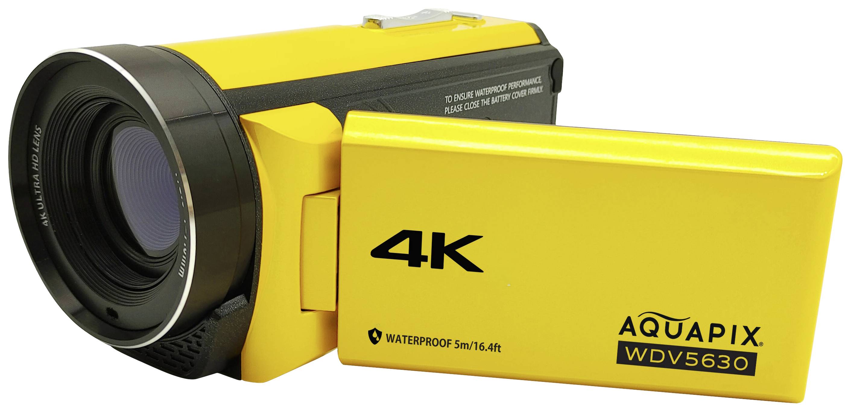 Žlutá 4K videokamera s nápisem 'AQUAPIX WDV5630', vodotěsná do hloubky 5 metrů.