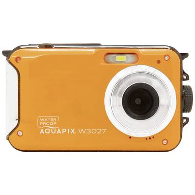 Oranžový vodotěsný digitální fotoaparát 'Aquapix W3027' s objektivem a bleskem vpravo nahoře.