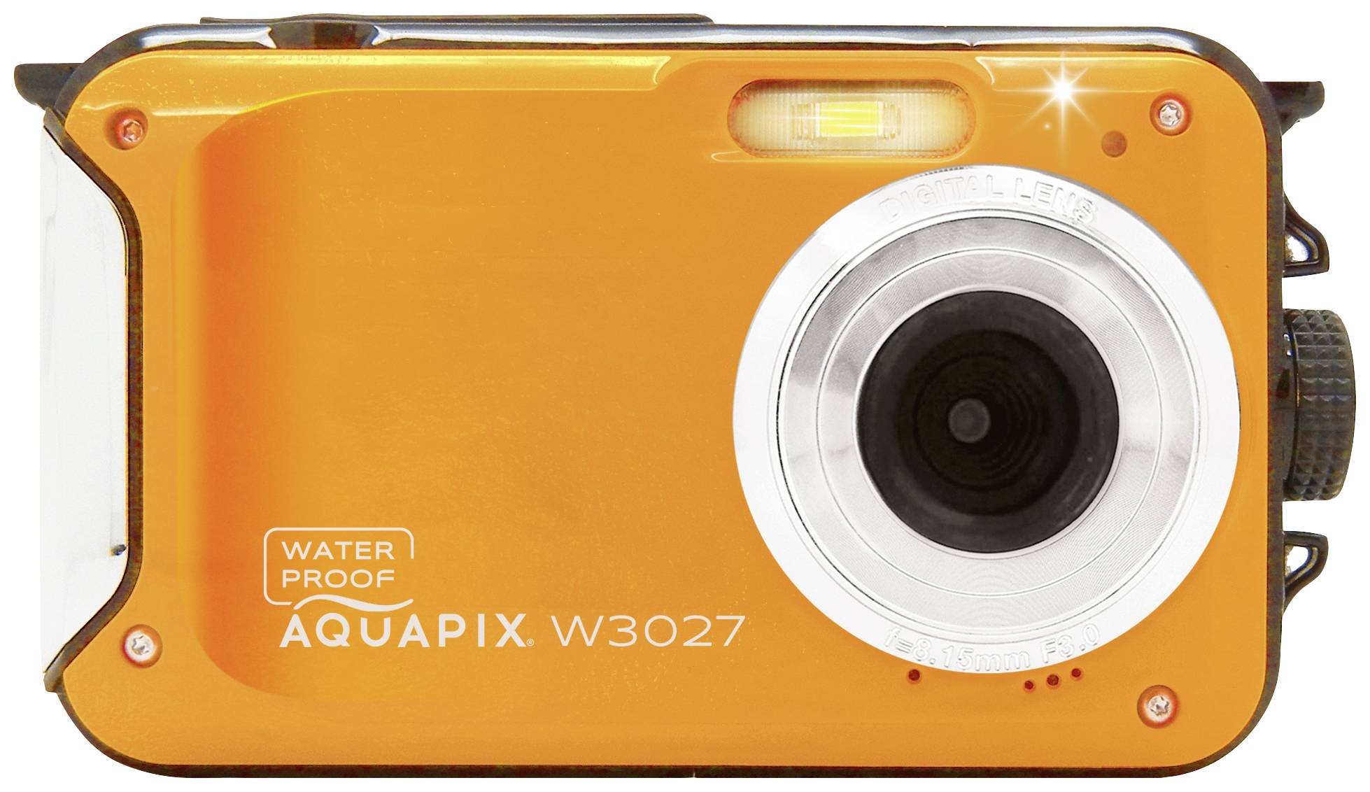 Voděodolný digitální fotoaparát s oranžovým tělem, model 'Aquapix W3027'. Ideální pro podvodní fotografování.