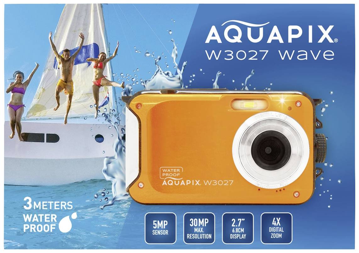 Produktové foto kamery Aquapix W3027 wave v oranžové barvě. Voděodolná do 3 metrů, 5MP snímač, 30MP rozlišení, 2,7palcový displej, 4x zoom.