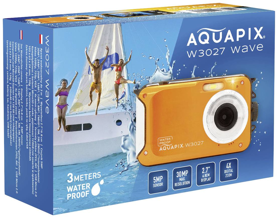 Aquapix W3027 Wave vodotěsný fotoaparát s 5MP senzorem, 30m digitálním zoomem, 2,7" displejem. Obal zobrazuje plavce a loď.
