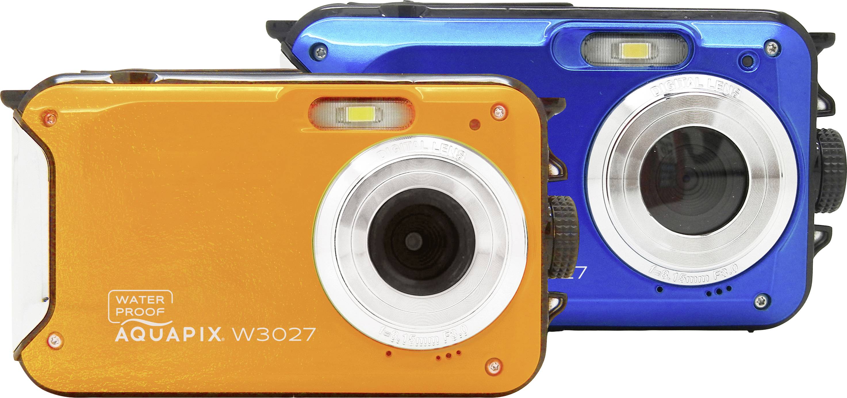 Dva vodotěsné kompaktní fotoaparáty, jeden v oranžové a jeden v modré barvě, s nápisem 'Aquapix W3027'.