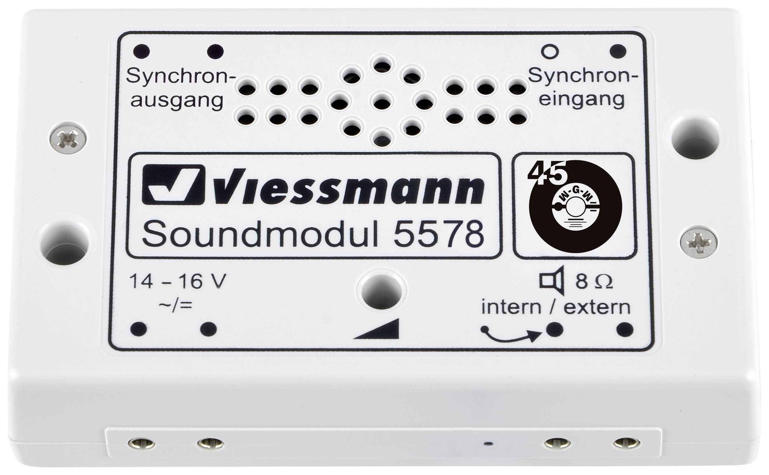 Obdélníkový bílý zvukový modul s nápisem 'Viessmann Soundmodul 5578', s přípojkami pro synchronní výstup a vstup.