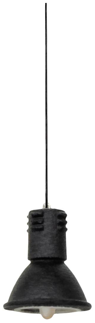 Jednoduchá černá závěsná lampa s úzkým kabelem. Stínidlo ve tvaru kužele.