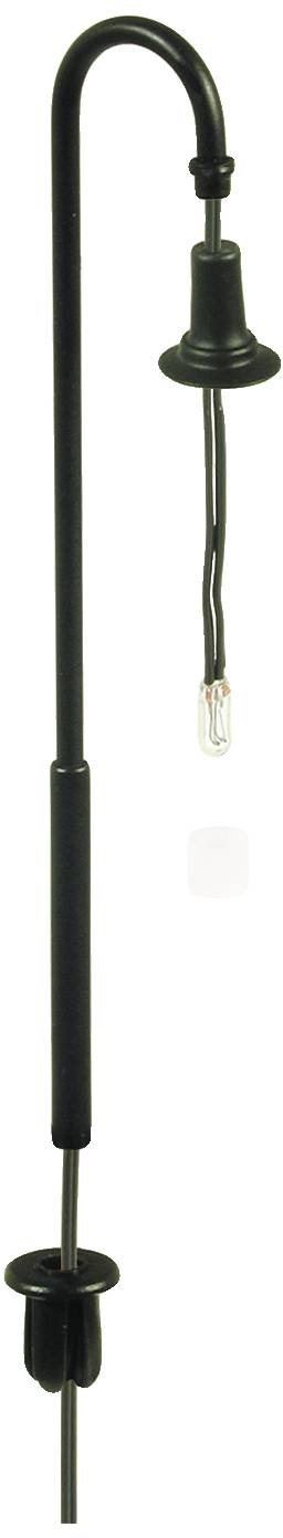 Černý, zakřivený držák lampy s volně visící žárovkou na kabelu, vhodný pro miniaturní scény nebo speciální výstavy.
