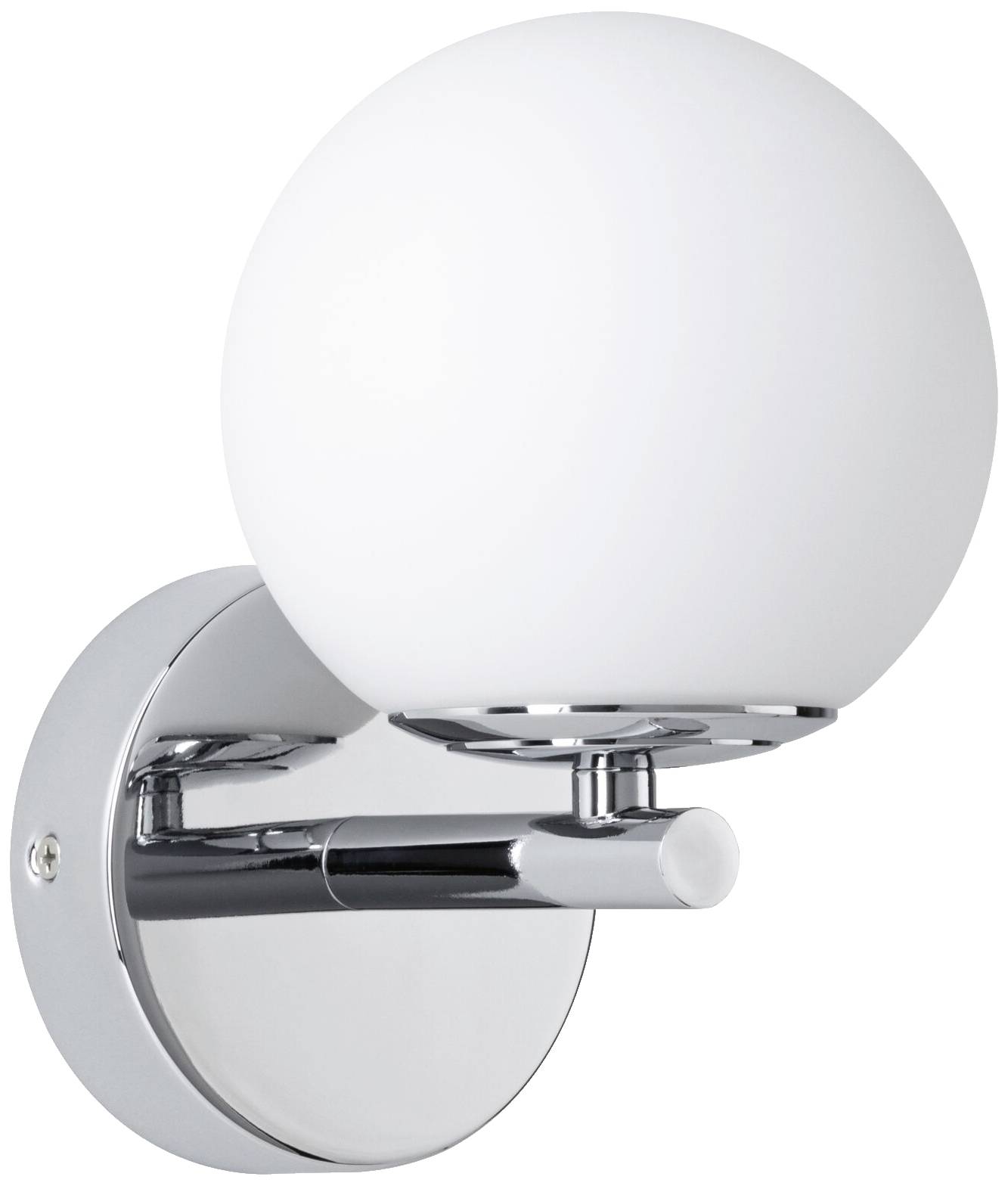Nástěnná lampa s kulatým bílým skleněným stínidlem a pochromovaným nástěnným držákem v moderním designu.