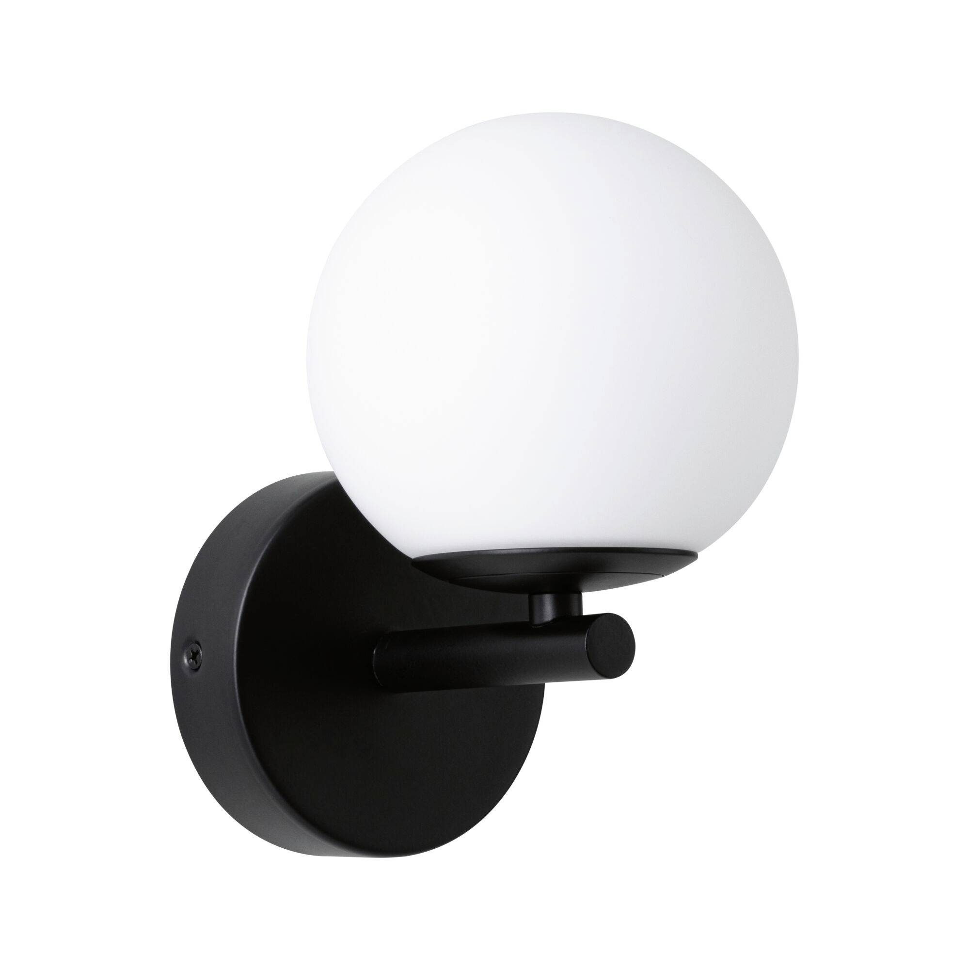 Černá nástěnná lampa s kulatým bílým skleněným stínidlem; moderní design. Ideální pro osvětlení chodeb nebo obývacího pokoje.
