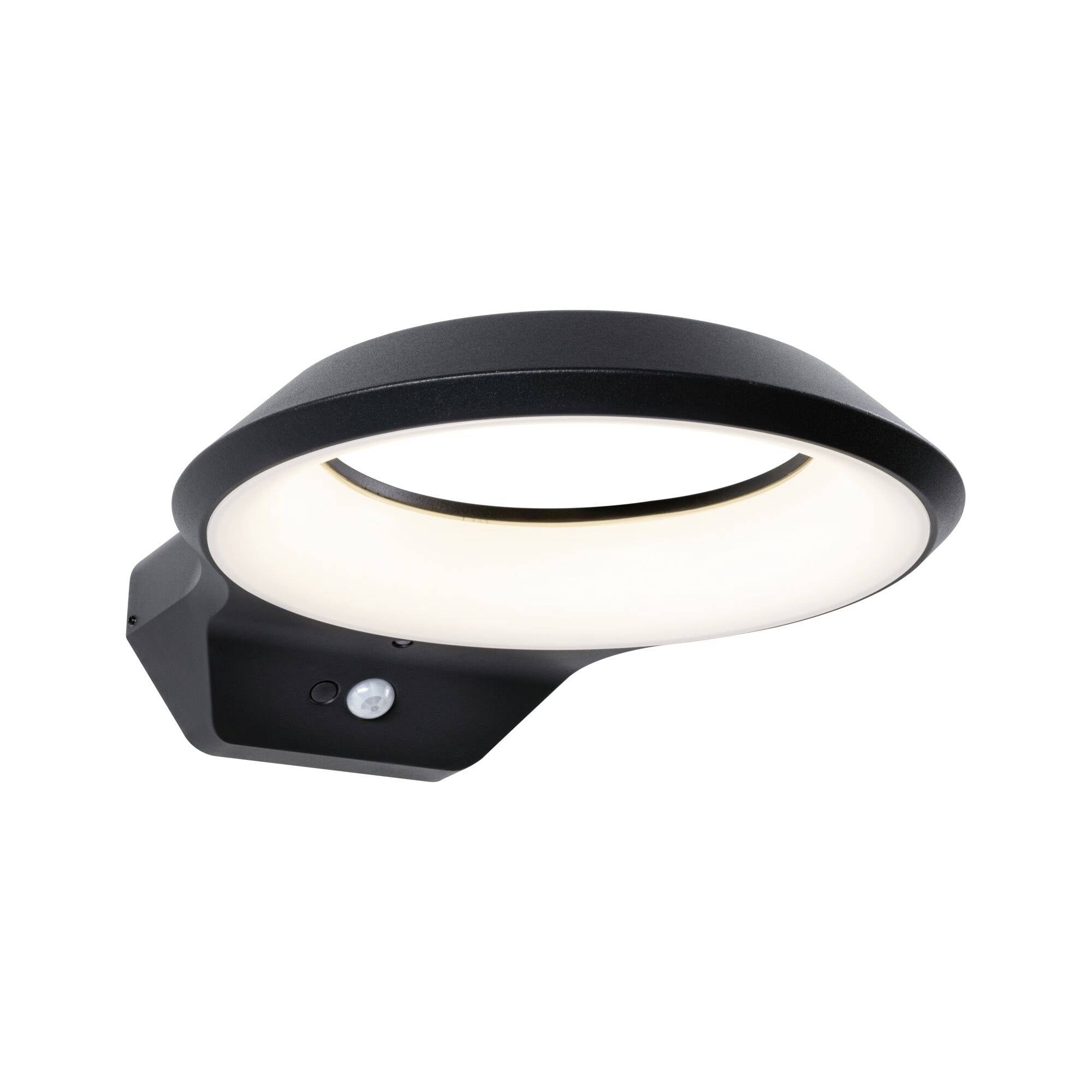 Černé kulaté LED nástěnné svítidlo s pohybovým senzorem a čistým, moderním designem. Ideální pro venkovní osvětlení.