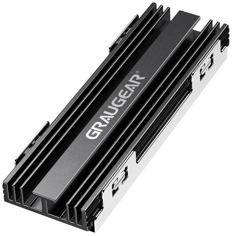 Černý chladič pro SSD značky 'GRAUGEAR', vyrobený z hliníku s lamelovou strukturou pro zlepšené odvádění tepla.