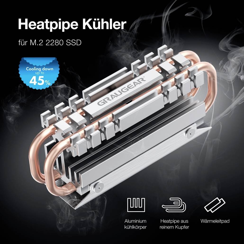 Tepelná trubice pro chlazení M.2 2280 SSD, snižuje teplotu až o 45 %, vyrobena z hliníku a mědi, včetně tepelné podložky.