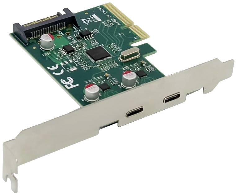 Rozšiřující karta PCIe se dvěma USB-C porty, zelená deska plošných spojů a zlatá kontaktní lišta, používaná pro rozšíření počítače.