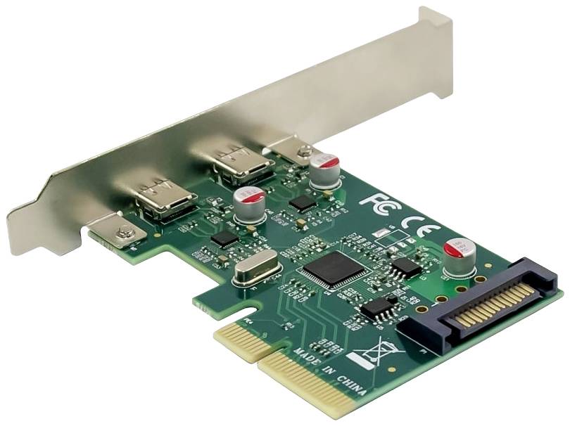 Zelená počítačová rozšiřující karta se dvěma USB porty.