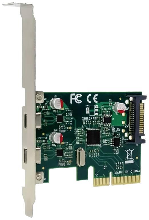 Rozšiřující karta pro počítač s PCIe slotem, několika kondenzátory a elektronickými komponenty, vyrobená v Číně.