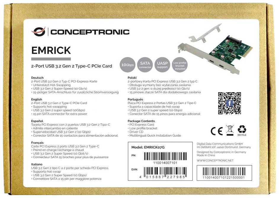 Obal 'Conceptronic EMRICK' zobrazuje USB 3.2 Gen 2 Typ-C PCIe kartu s technickými specifikacemi v němčině, polštině, španělštině a holandštině. Obsahuje čárový kód a číslo modelu.