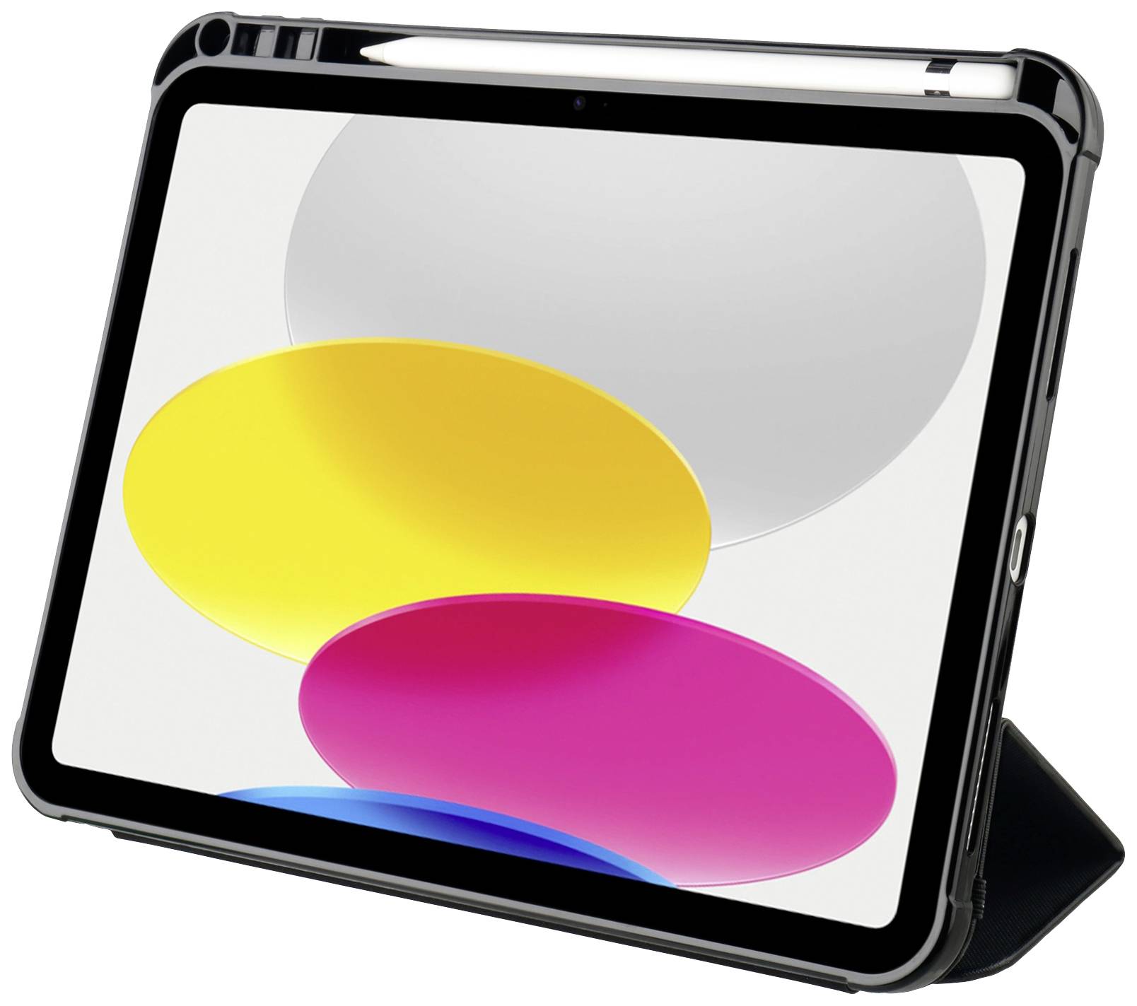 Tablet v ochranném pouzdře zobrazuje obrázek s žlutými, růžovými a šedými ovály. Tablet je umístěn na stojánku.
