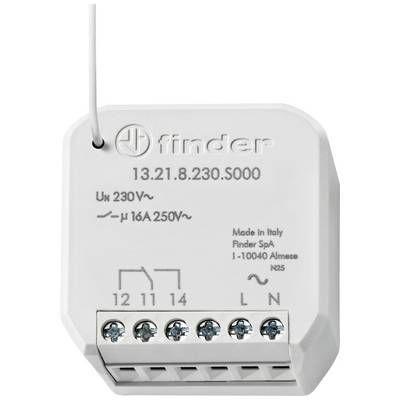 Bílý elektrický spínací aktor od značky 'finder' se šroubovacími svorkami a vytištěnými technickými specifikacemi 230V a 16A.