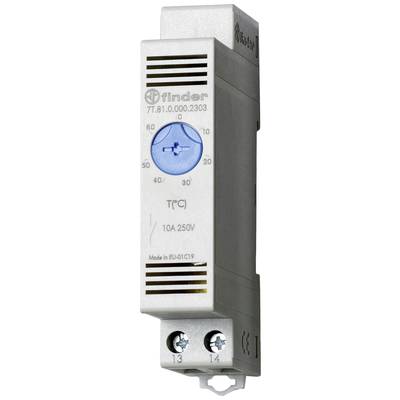 Termostat značky Finder s displejem teploty a nastavovacím kolečkem, vhodný pro 10A, 250V. Nápis 'Vyrobeno v EU'.