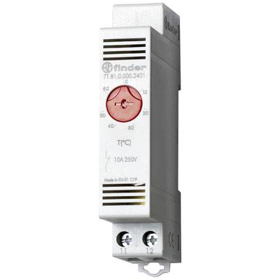 Teplotní regulátor od firmy Finder s nastavitelnou stupnicí od 0 do 60 stupňů Celsia, vhodný pro 10A a 250V.