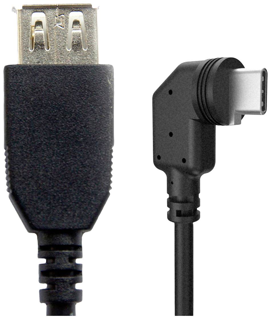 Černý kabel s USB-A konektorem vlevo a pravoúhlým USB-C konektorem vpravo.