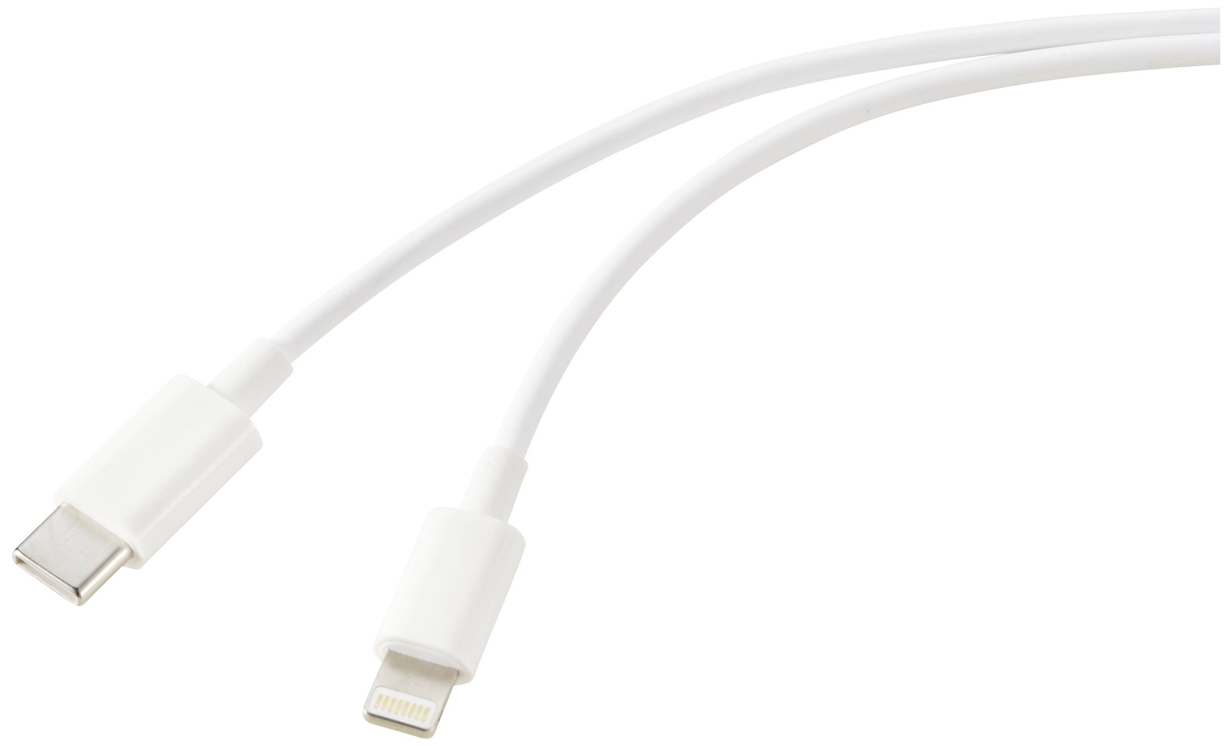 Dva bílé kabely s různými konektory: jeden s USB-C konektorem a druhý s Lightning konektorem.